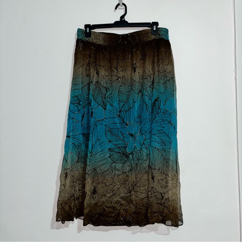 Peter Nygard Blue and Brown Maxi Silk Skirt